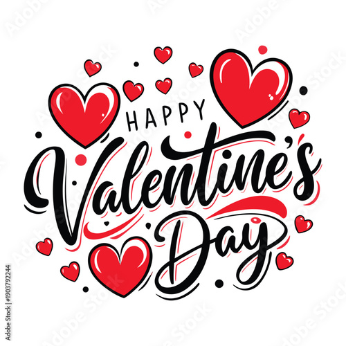 Happy Valentine’s Day Hand Lettering with Red Hearts on White Background