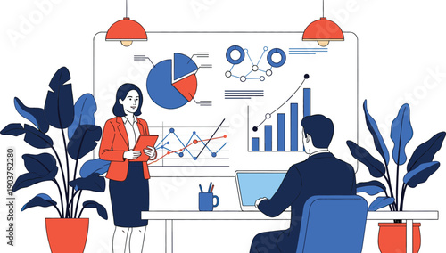Female professional presenting data analytics and financial charts on whiteboard to colleague in modern corporate office vector illustration