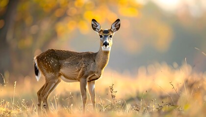 A deer with brown fur and white spots stands in a field with dry grass and looks directly at the camera with a blurred forest background and warm lighting.