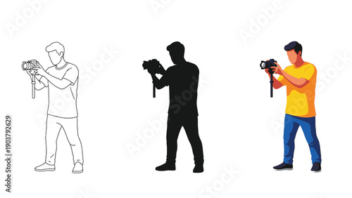 Photographer holding camera taking picture silhouette line art and color illustration set