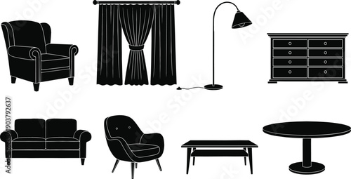 Home furniture silhouette set featuring armchair sofa table dresser floor lamp and curtains for interior design vector