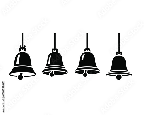 Four black silhouette bird ornaments with top hats and ribbons hanging from strings on a white background