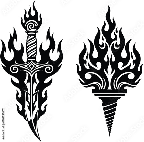 Flaming tattoo designs of a sword and a torch with intricate details