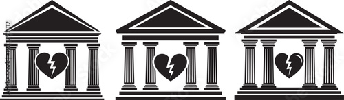 Bank buildings with broken heart icons