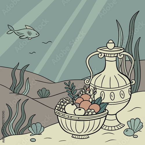 Surreal Vector Art of a Renaissance Still Life Submerged Underwater, Featuring Classic Objects with an Ethereal Aquatic Theme.