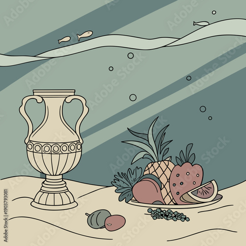 Surreal Vector Art of a Renaissance Still Life Submerged Underwater, Featuring Classic Objects with an Ethereal Aquatic Theme.