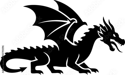A black dragon illustration with wings spread wide, showcasing sharp claws and teeth, in a dynamic pose