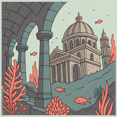 Detailed Vector Illustration of a Submerged Renaissance City, Featuring Majestic Coral Columns and Ancient Underwater Architecture.