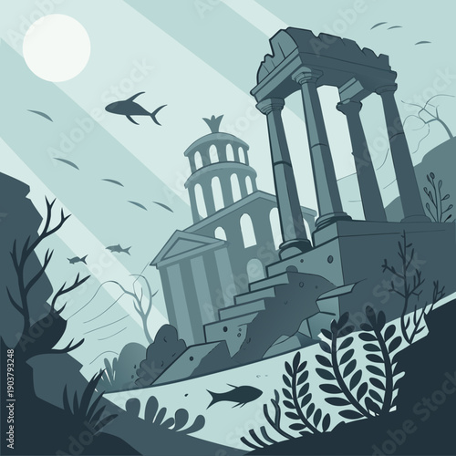 Detailed Vector Illustration of a Submerged Renaissance City, Featuring Majestic Coral Columns and Ancient Underwater Architecture.