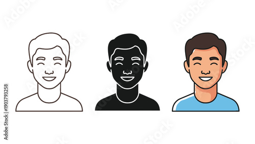 Set of three male user avatars outline, solid black and full color cartoon style