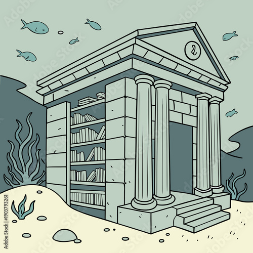 Mystical Vector Art of a Sunken Renaissance Library Guarded by Fish Symbols, Evoking Ancient Wisdom and Deep Sea Secrets.