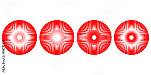 Red concentric ripple circles set. Sonar or sound wave rings collection. Epicentre, target, radar icon concept. Radial signal or vibration elements. Halftone vector illustration