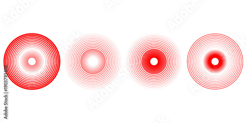 Red concentric ripple circles set. Sonar or sound wave rings collection. Epicentre, target, radar icon concept. Radial signal or vibration elements. Halftone vector illustration