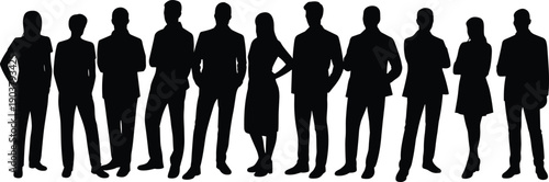 A diverse group of men and women standing in a line as black silhouettes against a white background, conveying a sense of business teamwork and corporate unity