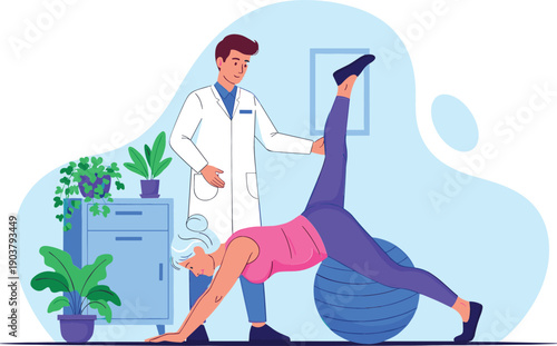 Male physical therapist assisting senior woman with leg exercise on stability ball for geriatric rehabilitation and healthy aging
