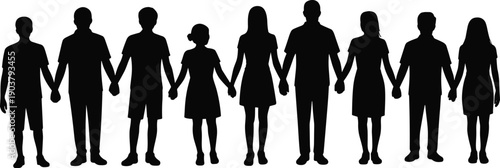 A diverse group of ten people of varying ages and genders standing side by side holding hands in a unified line