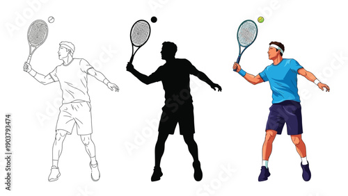 Three styles of a male tennis player serving a ball sketch outline, solid silhouette and full color illustration