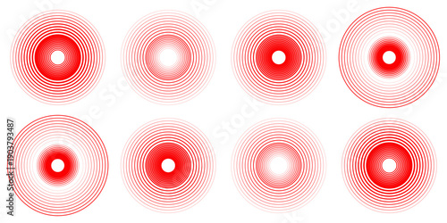 Red concentric ripple circles set. Sonar or sound wave rings collection. Epicentre, target, radar icon concept. Radial signal or vibration elements. Halftone vector illustration