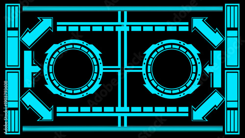 A symmetrical glowing cyan design featuring circles and arrow shapes