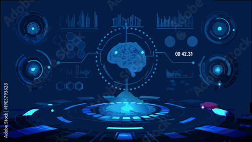 Digital brain interface with data visualization and futuristic technology elements