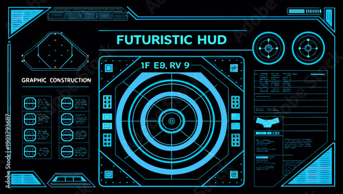 Futuristic heads up display interface with targeting reticles and data panels