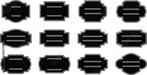 A collection of 12 black pixelated shapes on a white background