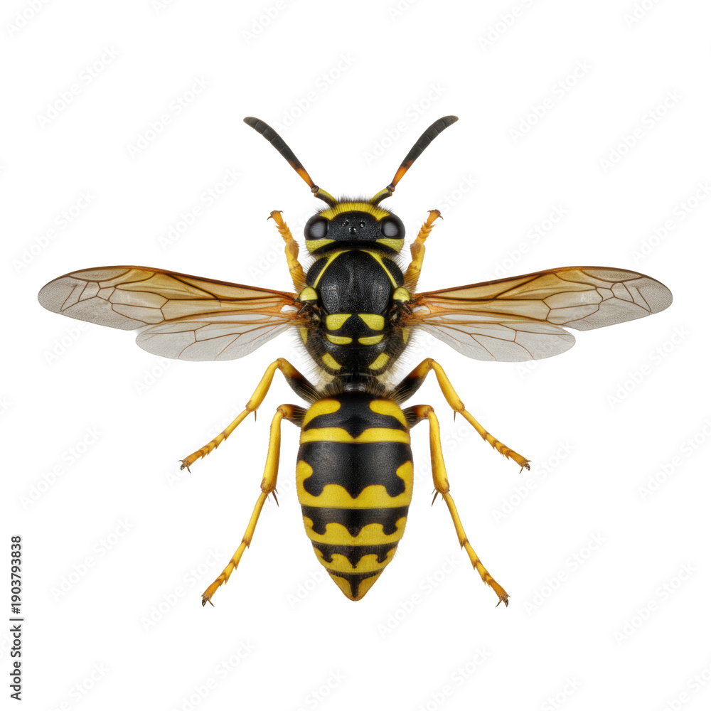 Obraz premium a solitary yellow jacket wasp, viewed dorsally in hyper-realistic macro detail, showing intricate chitin and translucent wings on a sterile transparent background, scientific specimen concept