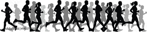 Black and grey silhouettes of a large group of people running a marathon, representing fitness, community, endurance, teamwork, and competition.