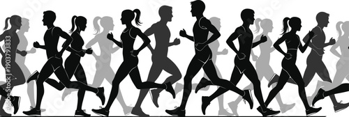 Black and gray silhouettes of men and women running a marathon marathoners jogging in a group fitness workout vector illustration.