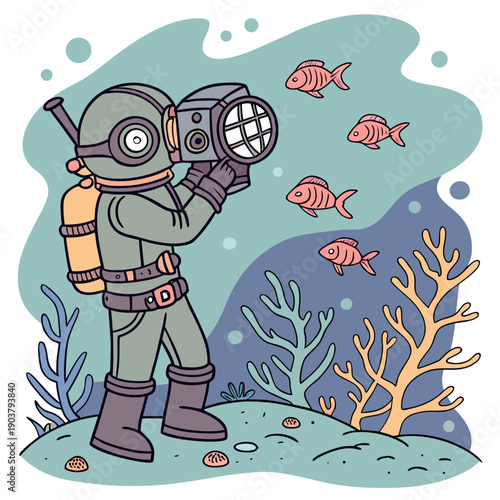 Ingenious Underwater Renaissance Inventor Testing a Complex Water Machine in a Submerged Workshop, Discovery and Innovation