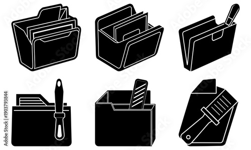 Various office desk organizers and stationery holders with different office supplies neatly arranged