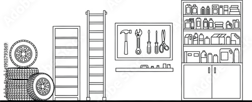 Minimalist line drawing of organized home garage workshop with tires tool board ladder and storage shelves vector illustration