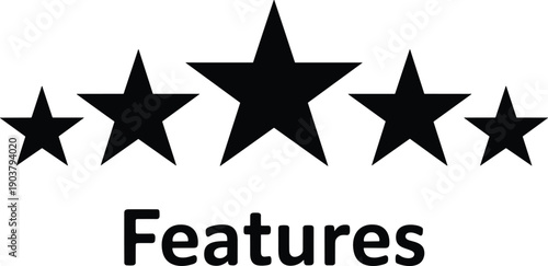 Black five star rating icons with features text, concept for product quality review, customer feedback, premium service, and web interface.