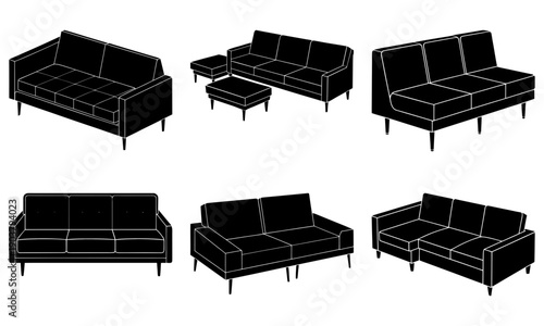 Various black sofa configurations and a coffee table illustrated from different viewpoints in a minimalist style