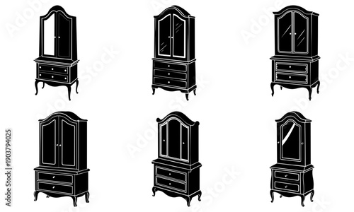 Black and white illustrations of six different wardrobe designs with mirror doors and drawers displayed on a white background