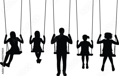 Children and an silhouette enjoying swings in a park setting on a bright day playground