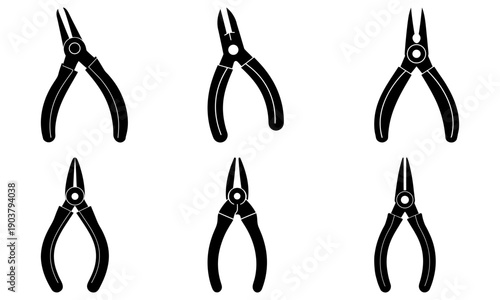 Collection of six black precision pliers arranged in two rows on white background, viewed from directly above