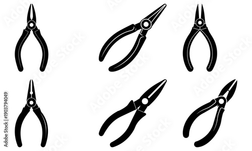 Collection of Pliers Tools Illustrated in Various Positions and Angles