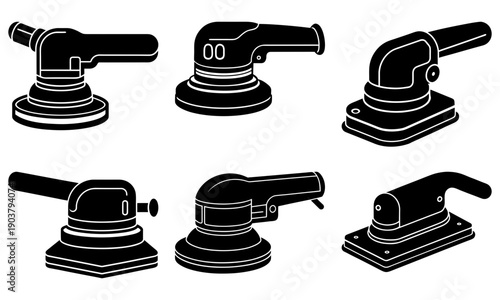 Various power tools displayed on a clean surface in a well-lit workshop environment from a straightforward viewpoint