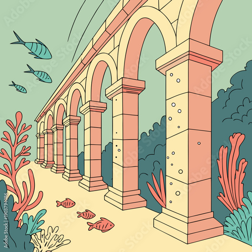 Picturesque Underwater Renaissance Street with Elegant Coral Arches, Creating a Unique Architectural Seascape.