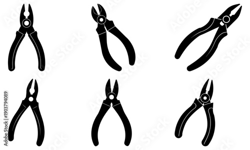 Collection of various pliers arranged neatly from different viewpoints on a clean background