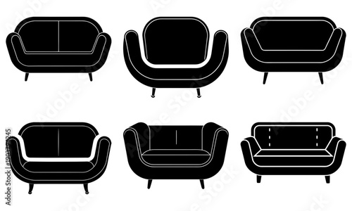 Collection of modern sofa designs with varying shapes and styles displayed from a front viewpoint