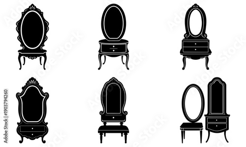 Collection of antique vanity mirrors with ornate frames and stools in various styles