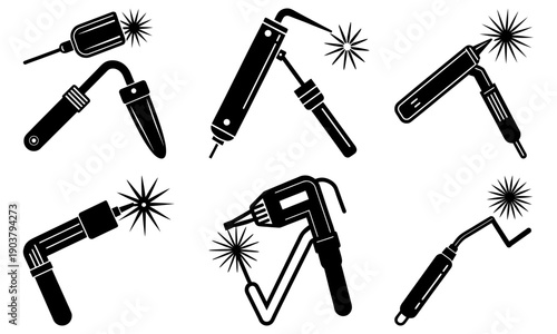 Various soldering irons with sparks, depicted in black illustrations on a clean background, showcasing different angles and viewpoints
