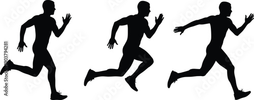 Black silhouette and line art of men and women running marathon runners jogging set collection and customer rating five stars icon.