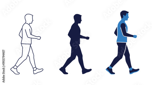 Set of three walking man silhouettes and outline line art, solid silhouette and colored figure in profile view