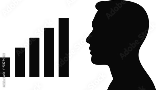 Black silhouette of a man head profile with bar graph chart, concept of career growth, success, and data analysis.