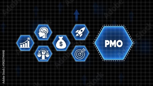 Business concept icons with PMO text in a large hexagon on a dark grid background image photo