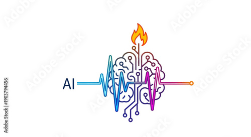 AI brain technology with a fiery spark and digital heartbeat symbolizing intelligent innovation