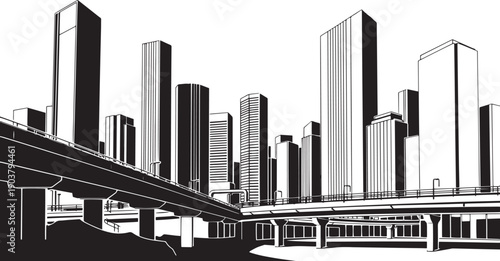 City landscape. Different buildings on street, outline cityscape hand sketch, flat houses. Hand drawn vector illustration